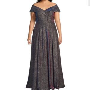 Xscape women’s off-the-shoulder sweetheart neck cap sleeve glitter gown size 6